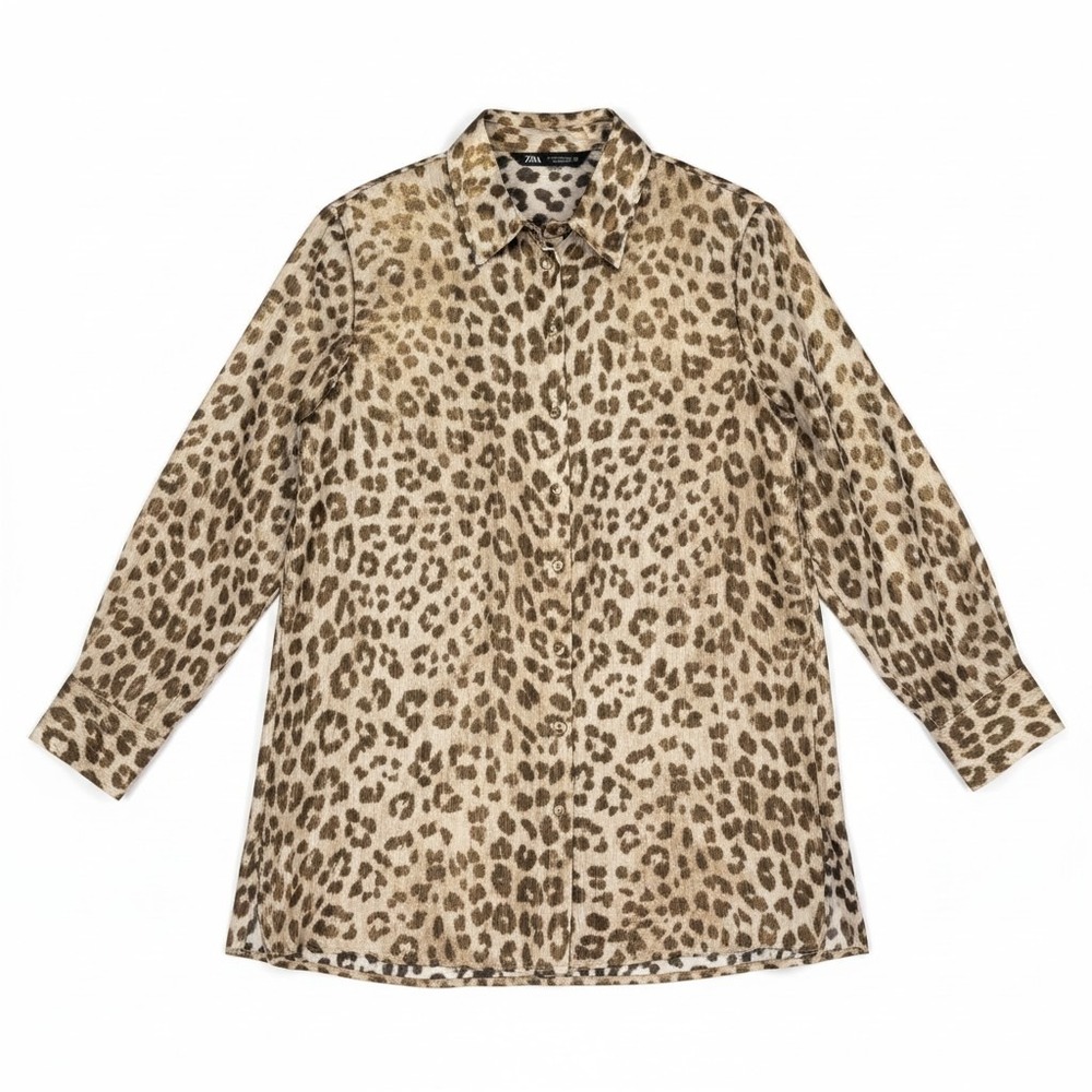NWT Zara Button Up Shirt Gold Shimmer Leopard Print Long Sleeve Relaxed Woven S